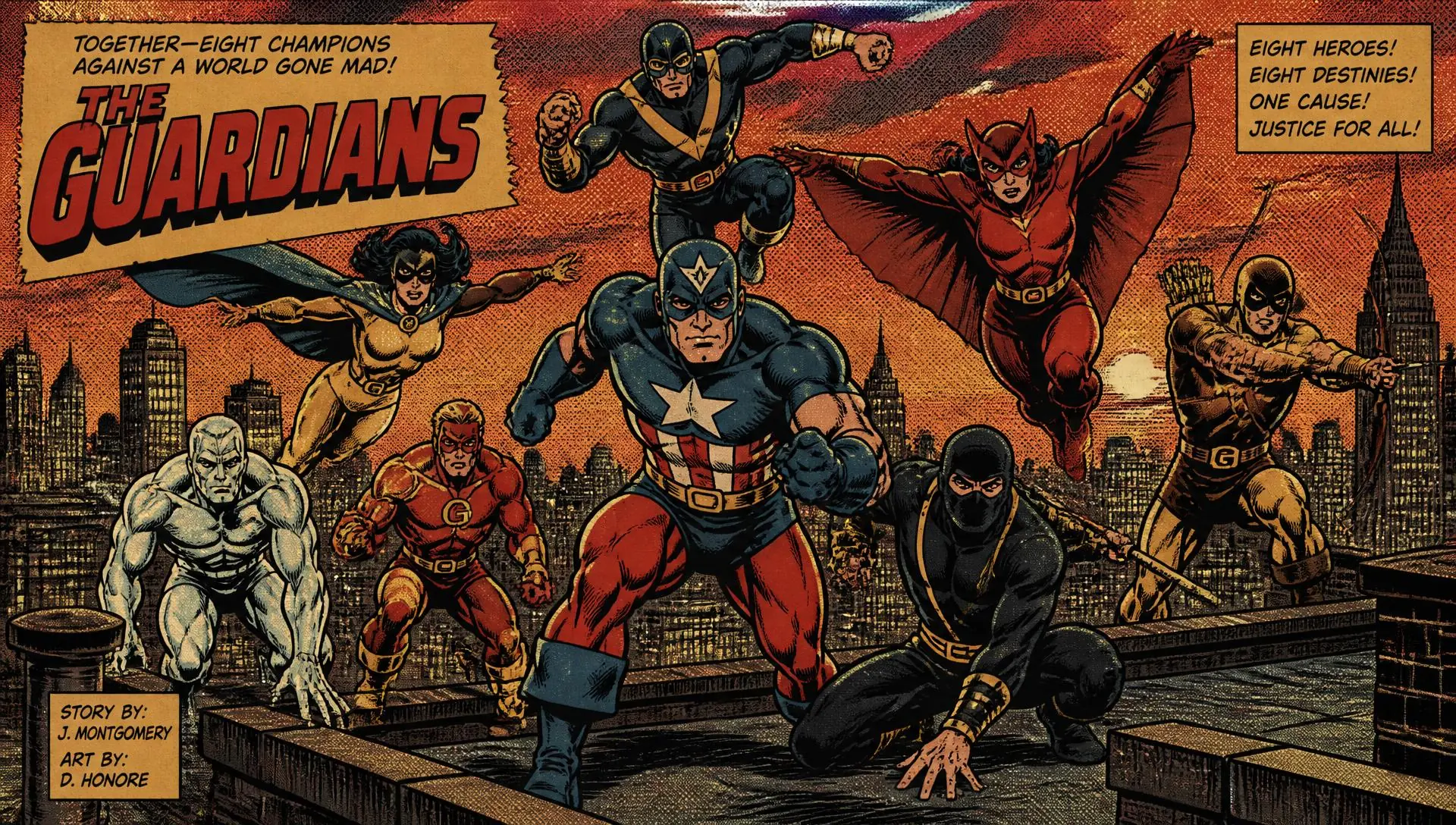 Assembled comic-book heroes on a rooftop at dusk